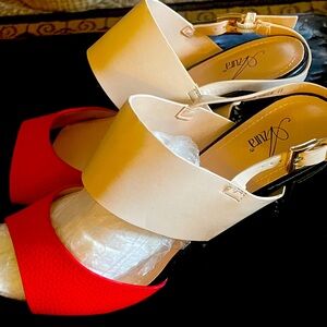 Azura woman’s cocktail/slingback heeled dress shoes Red/Cream strap.New